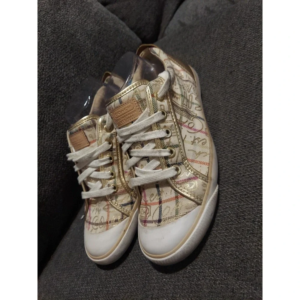 Coach Women's Size 8.5B Barrett Cream Gold Plaid Lace-Up Low Top Sneakers‎ Y2k